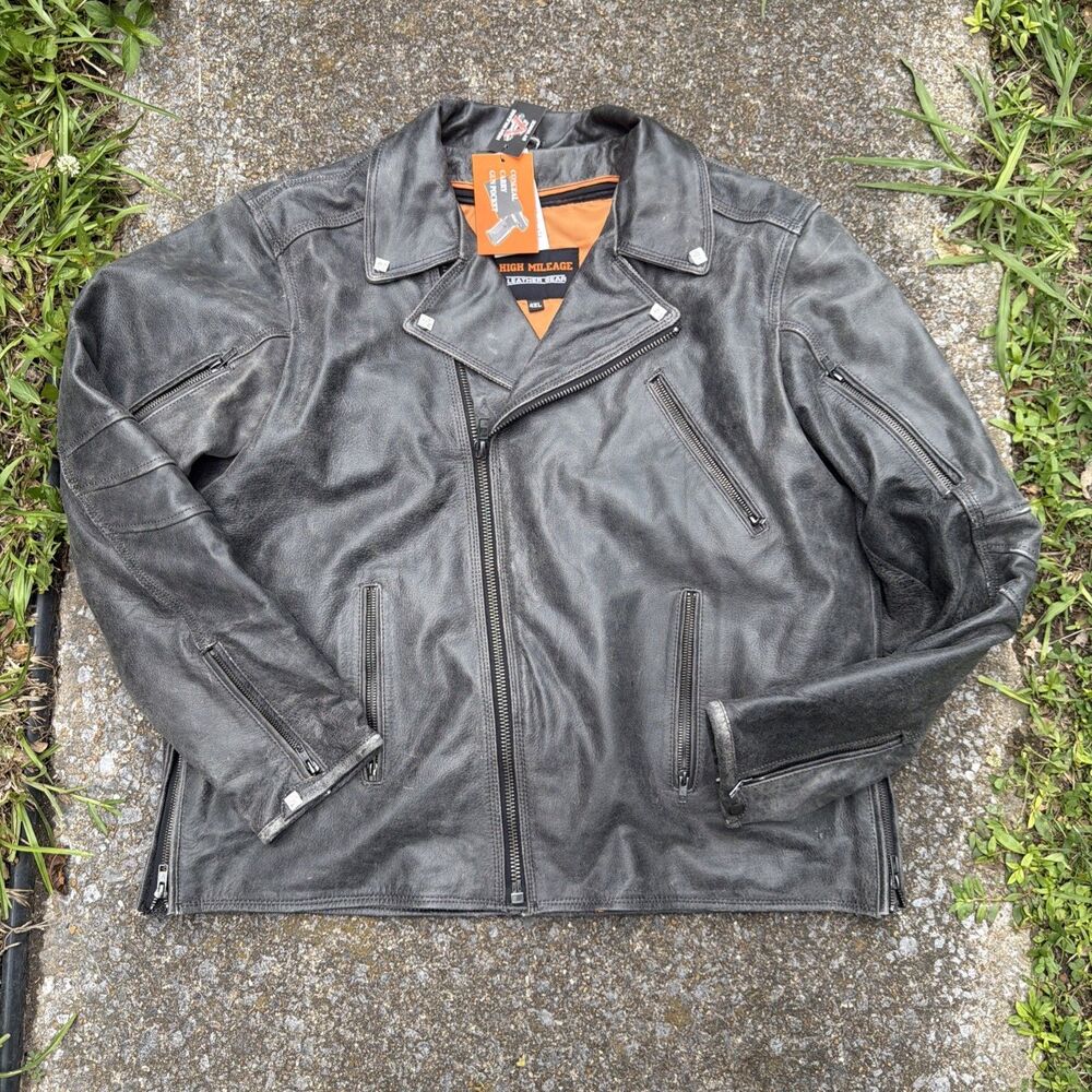 High Mileage Leather Gear 4XL BLACK GENUIJE LEATHER MOTORCYCLE JACKET
